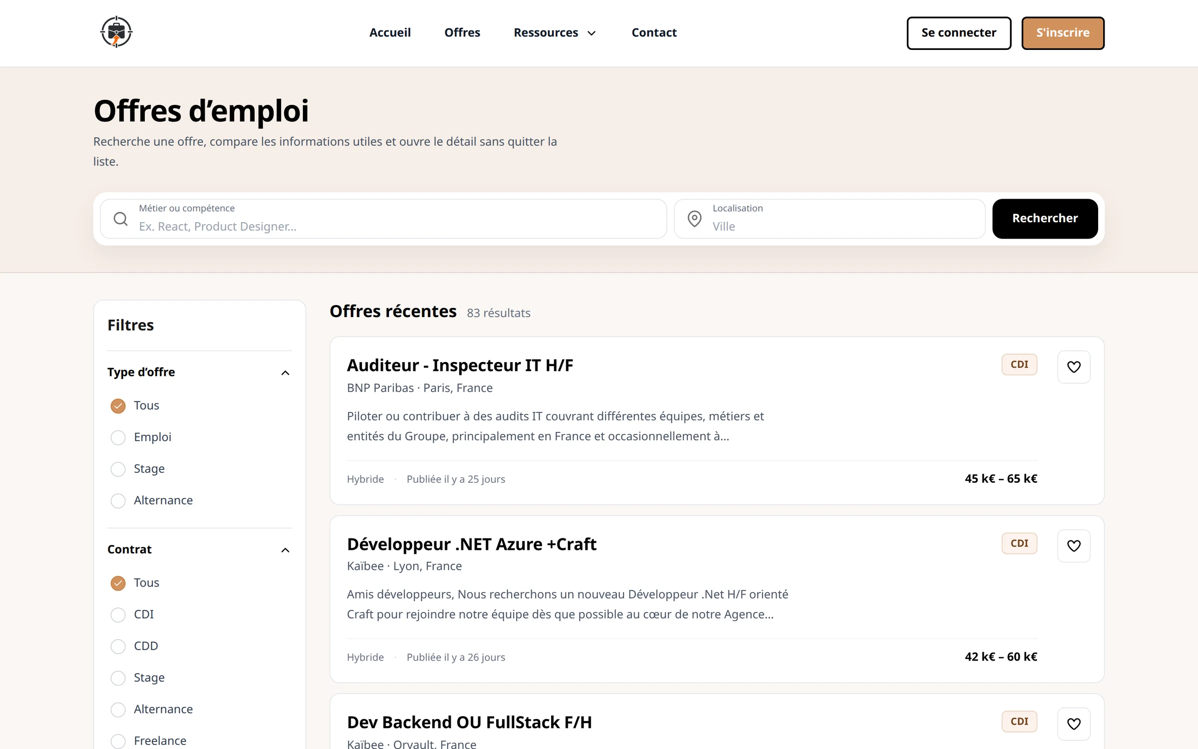 La liste des offres d’Overkill : une recherche par métier et par ville, les filtres par type d’offre et par contrat, et les offres récentes avec leur entreprise, leur lieu, leur contrat et leur salaire.