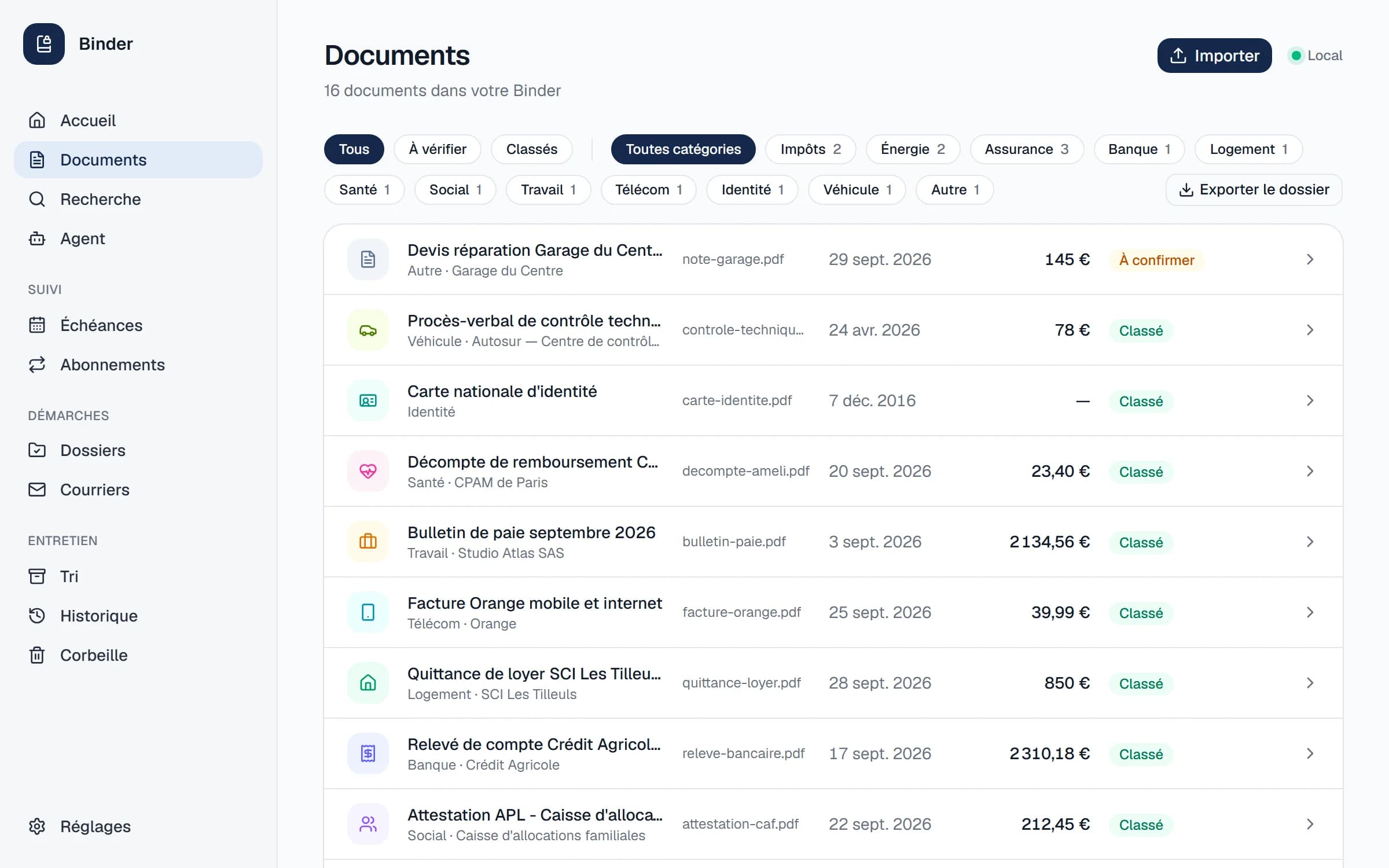 Binder’s document list: filters by status and category, then each document with its category, sender, date, amount and status, filed or to confirm.
