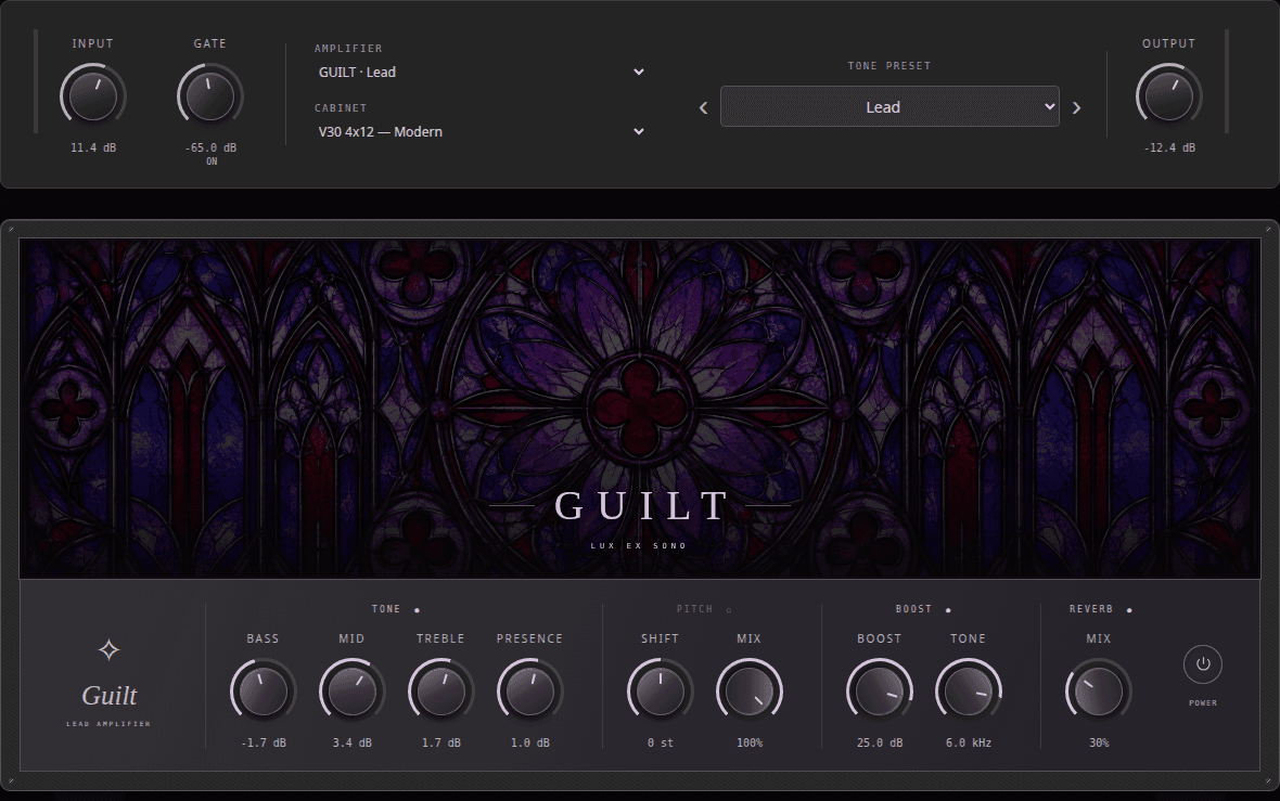 L’interface actuelle de Tonecraft : les choix d’ampli et de haut-parleur au-dessus d’un ampli aux vitraux violets, avec ses boutons de réglage.